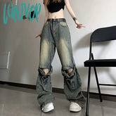 Lunivop Women’s Retro Vintage Strap Cutout Design Jeans Summer Street Style Chic Cool Solid